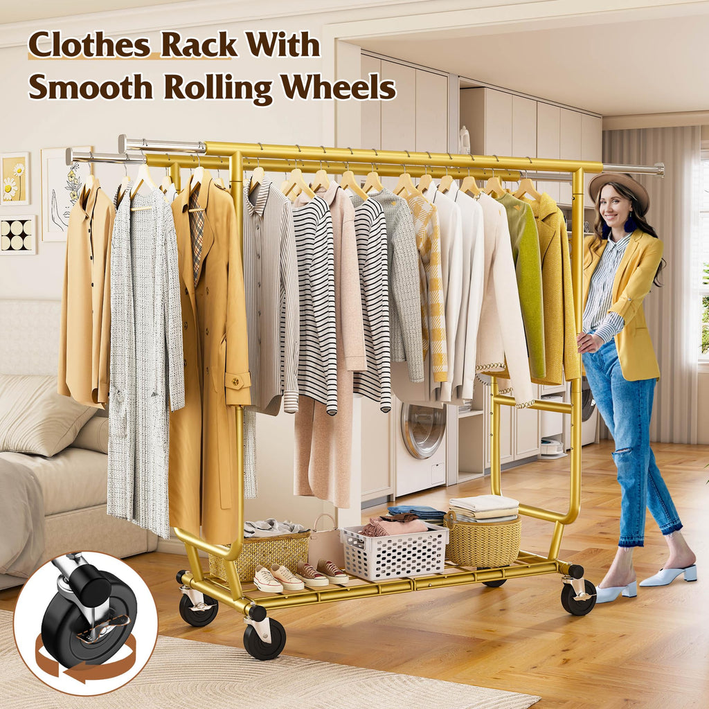Clothing Rack 650LBS Heavy Duty Collapsible Double Rods Shelves