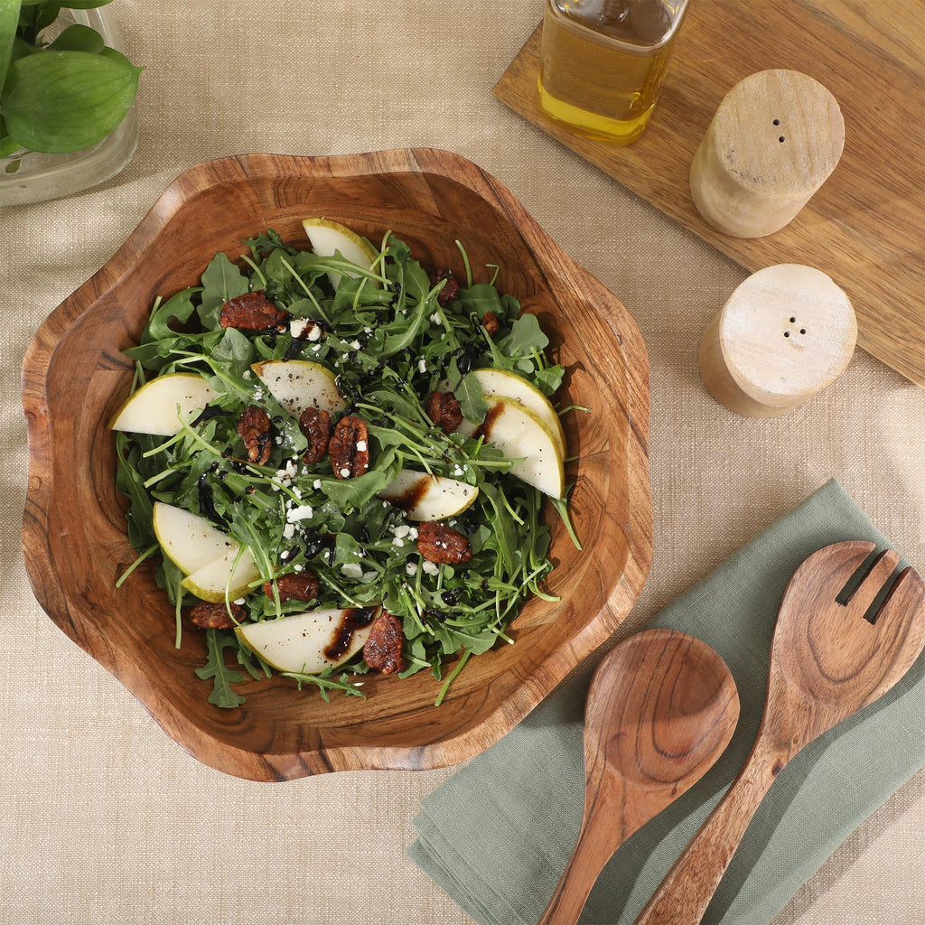 Sandhurst 3-Piece Acacia Wood Salad Bowl Set - 12-Inch Scalloped Serving Bowl with Wooden Salad Servers