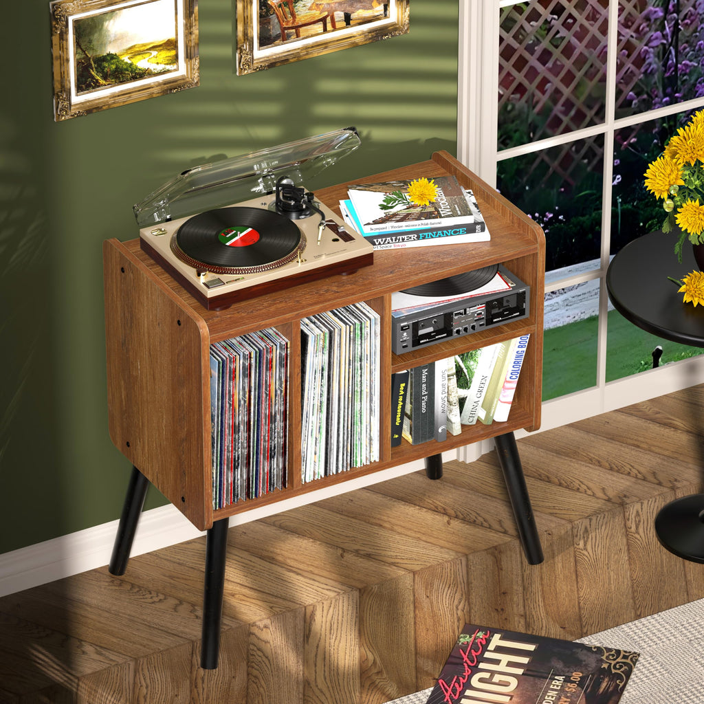 Record Player Table, Mid-Century Record Player Stand with Vinyl Storage Hold Up to 150+ Albums, Vinyl Record Cabinet