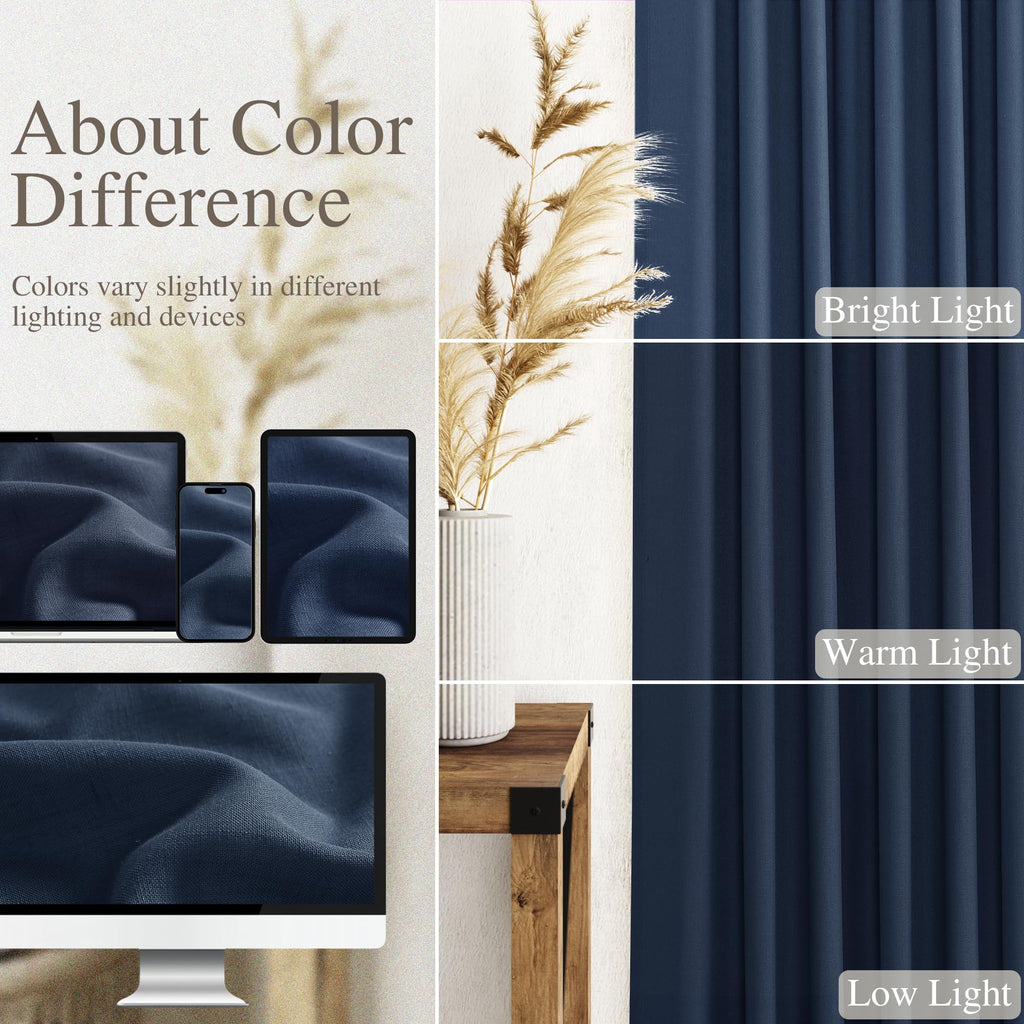 Denim Blue Linen Curtains 102 Inches Long Rod Pocket Back Tab Drapes 2 Panels Set Sheer Light Filtering Semi Sheer