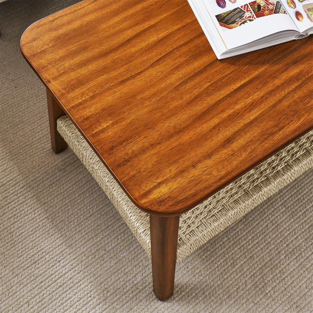 23'' Square Solid Wood Side Table, Handmade Natural Rattan Side Table Coffee Table, Office Apartment Small Space