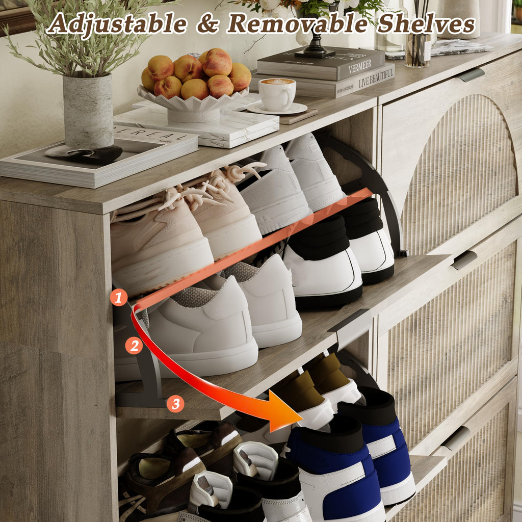 Shoe Storage Cabinet with 3 Flip Drawers, Narrow Wood Shoe Organizer Cabinet with Fluted Panel, Slim Shoe Rack