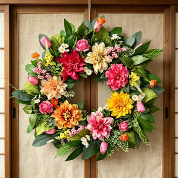 24 Inch Spring Summer Wreath for Front Door - Artificial Floral Wreath with Roses, Dahlia and Tulip Flowers and Green