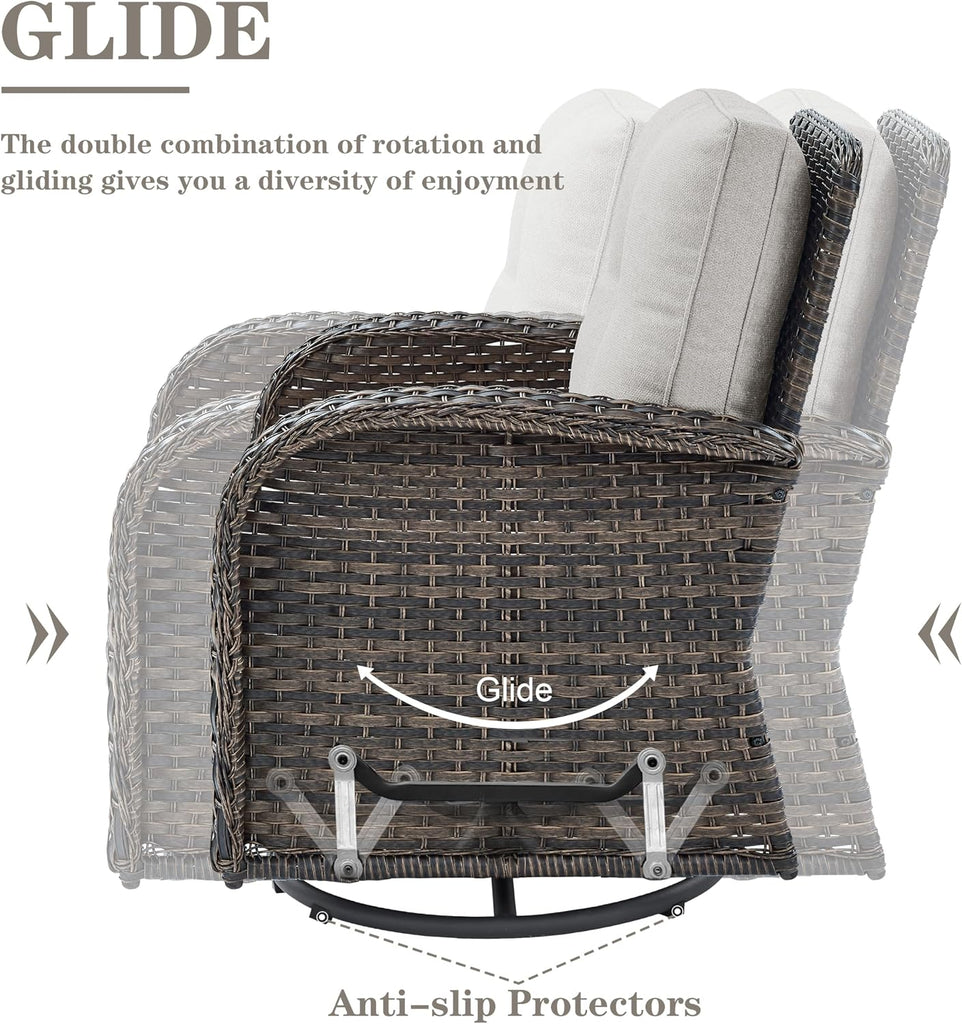 Patio Furniture Swivel Glider PE Wicker Chairs, Outdoor Swivel Rocker Seating with Cushions for Porch Deck Balcony