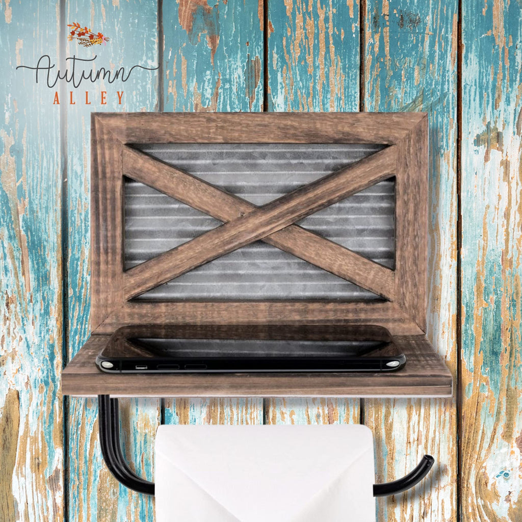 Rustic Farmhouse Toilet Paper Holder with Shelf for Wipes - Rustic Farmhouse Bathroom Decor - Farmhouse Bathroom