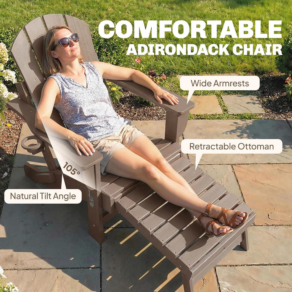 Folding Adirondack Chair Set of 2 with Retractable Ottoman Brown | Outdoor HDPE Fire Pit Chair, Cup Holder, Large