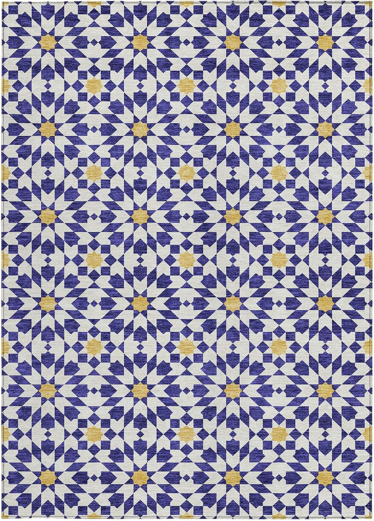 5' X 8' Navy Blue and Ivory Floral Medallion Washable Indoor Outdoor Area Rug