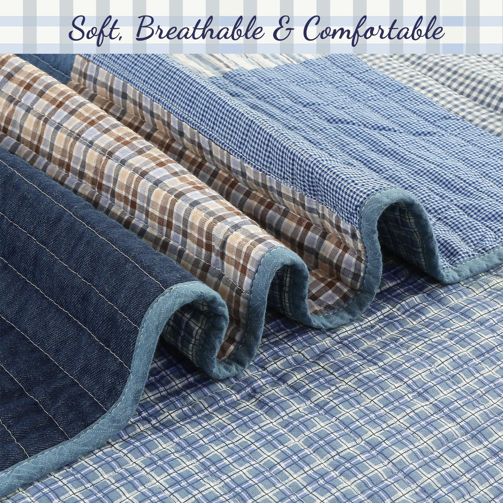 Line Home Fashions Navy Blue Brown Tan Plaid Striped 100% Cotton Reversible Quilt Bedding Set, All-Season Coverlet