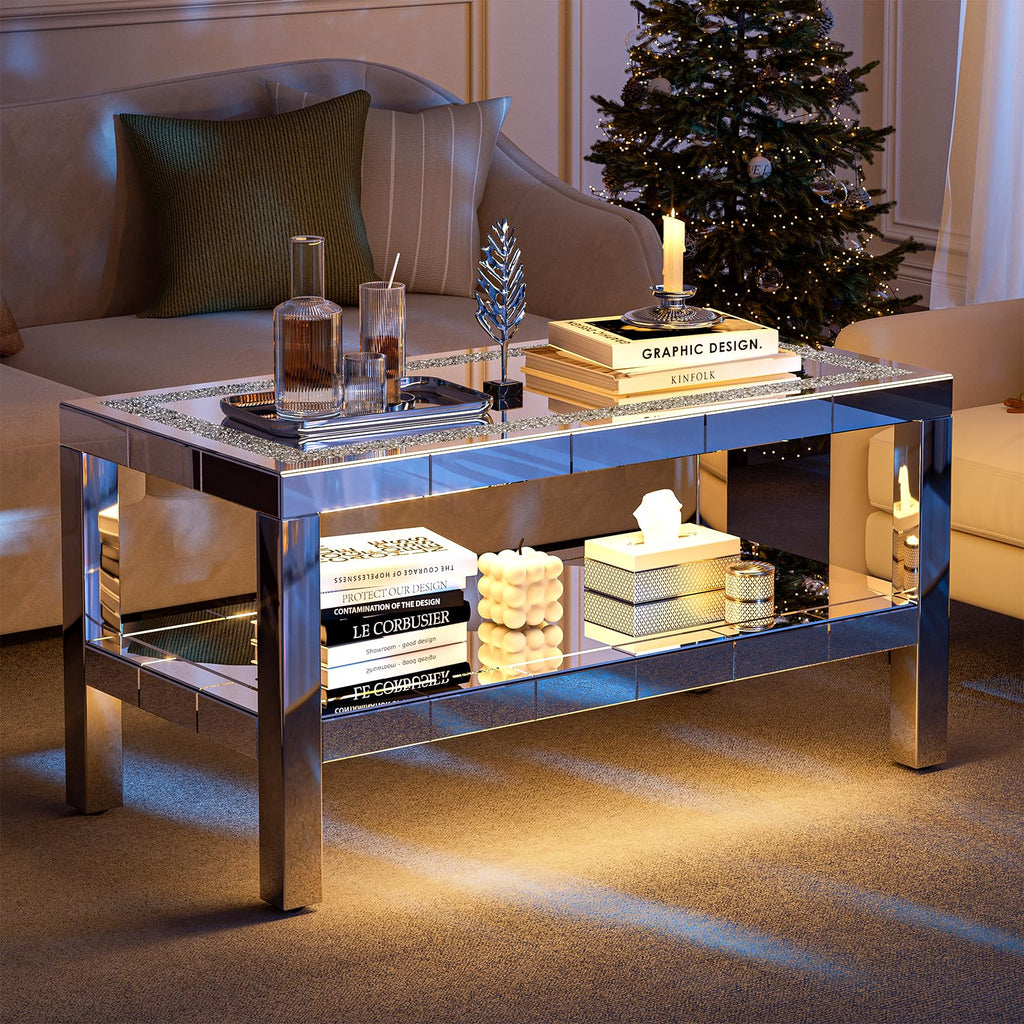 Mirrored Coffee Table with 2 Tiers Storage & LED Light