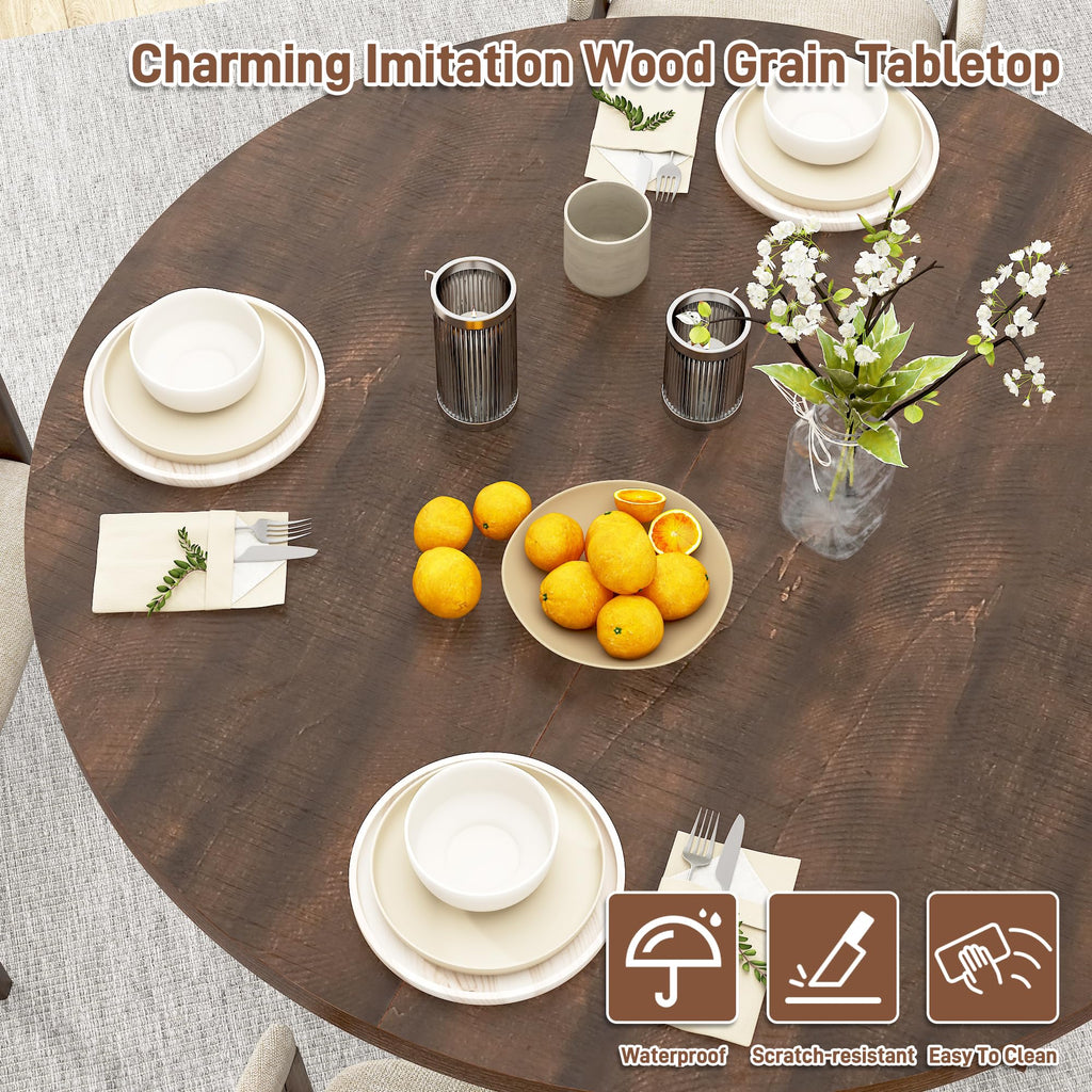 Round Wood Dining Table, Farmhouse Dinner Tables W/Thickened Brown Waterproof Tabletop for 4 People, 47 inch Rustic