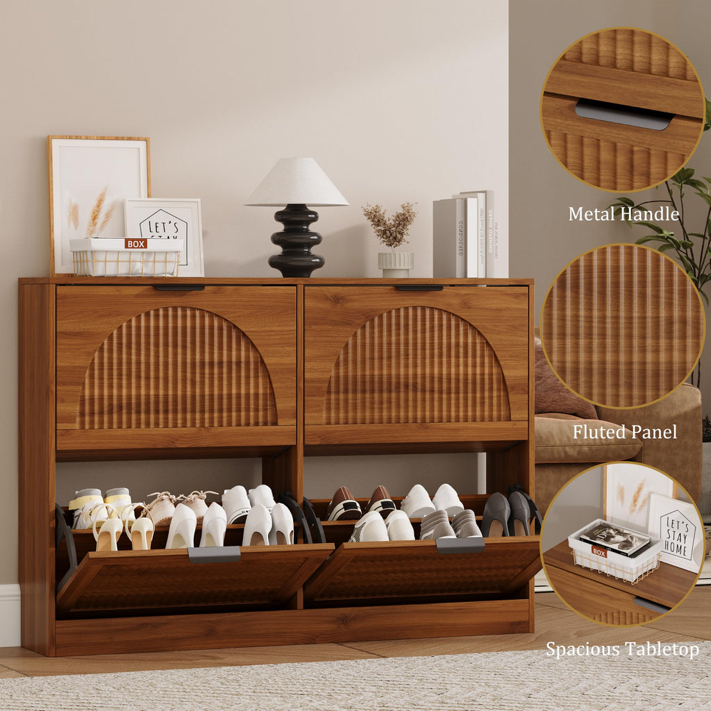 Fluted Shoe Storage Cabinet, 4 Flip Drawers, Walnut