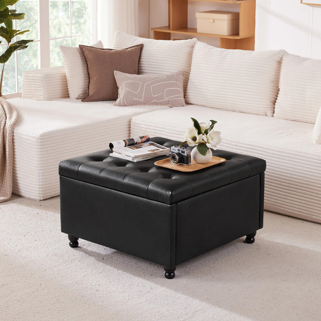 28" Large Square Ottoman with Storage, Leather Ottoman Coffee Table, Black
