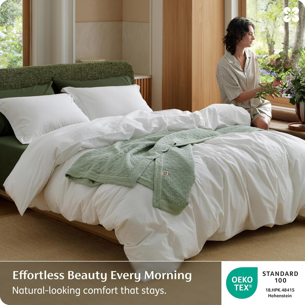100% Washed Cotton Duvet Cover Queen - Natural White Minimalist Bedding Set Linen Like - PureWoven Plain Simple &