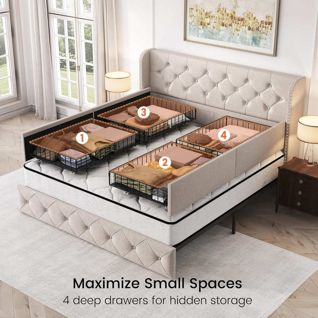 Queen Bed Frame with 4 Storage Drawers and 47.2" Tall Tufted Headboard Linen Upholstered Platform Bed Frame Wingback
