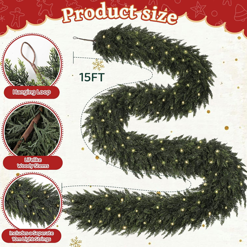 15FT Real Touch Cedar Christmas Garland with Seperate String Lights