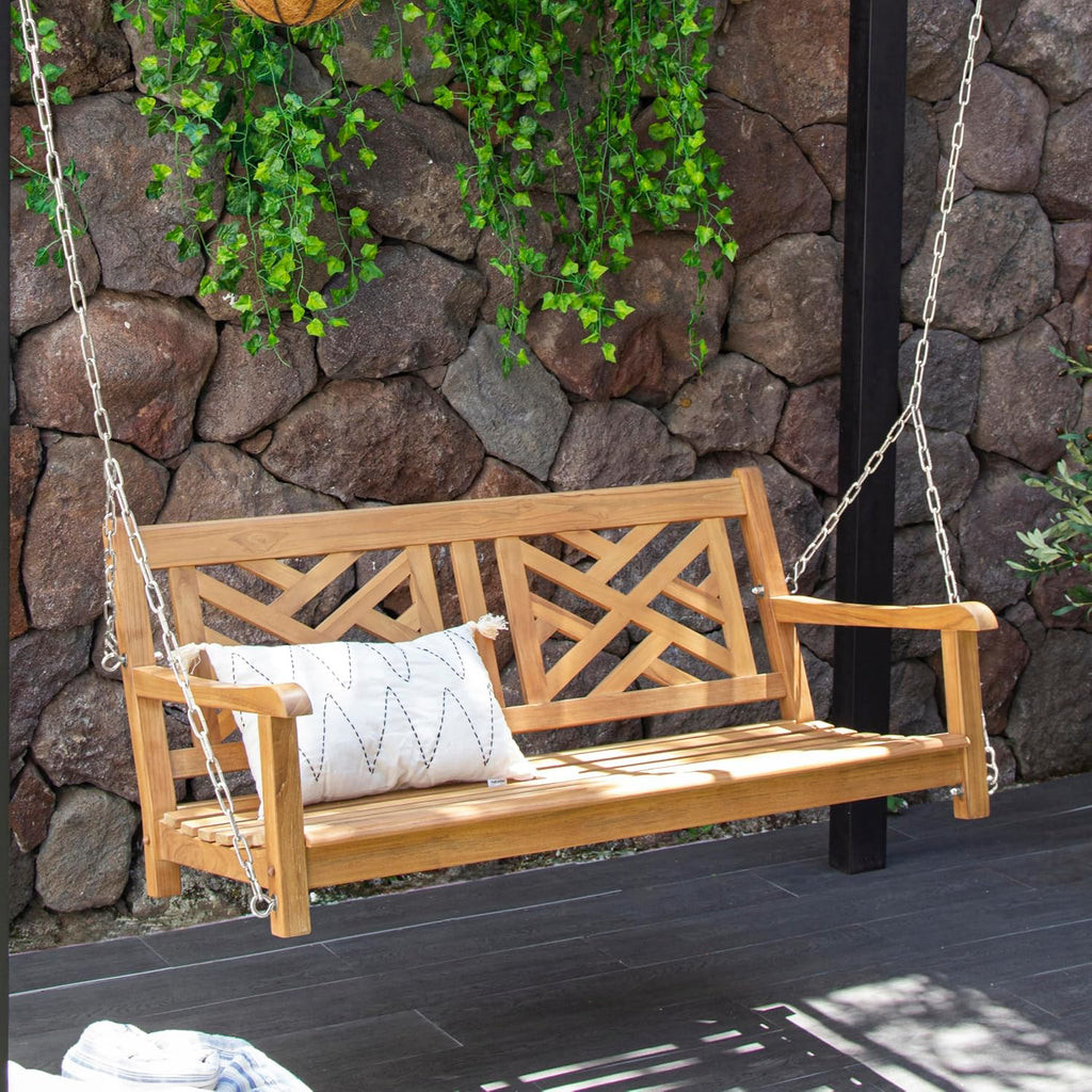 Maine Teak Porch Swing - Solid Wood Hanging Outdoor 2-Seater Swing Bench for Porch, Weather-Resistant & Durable