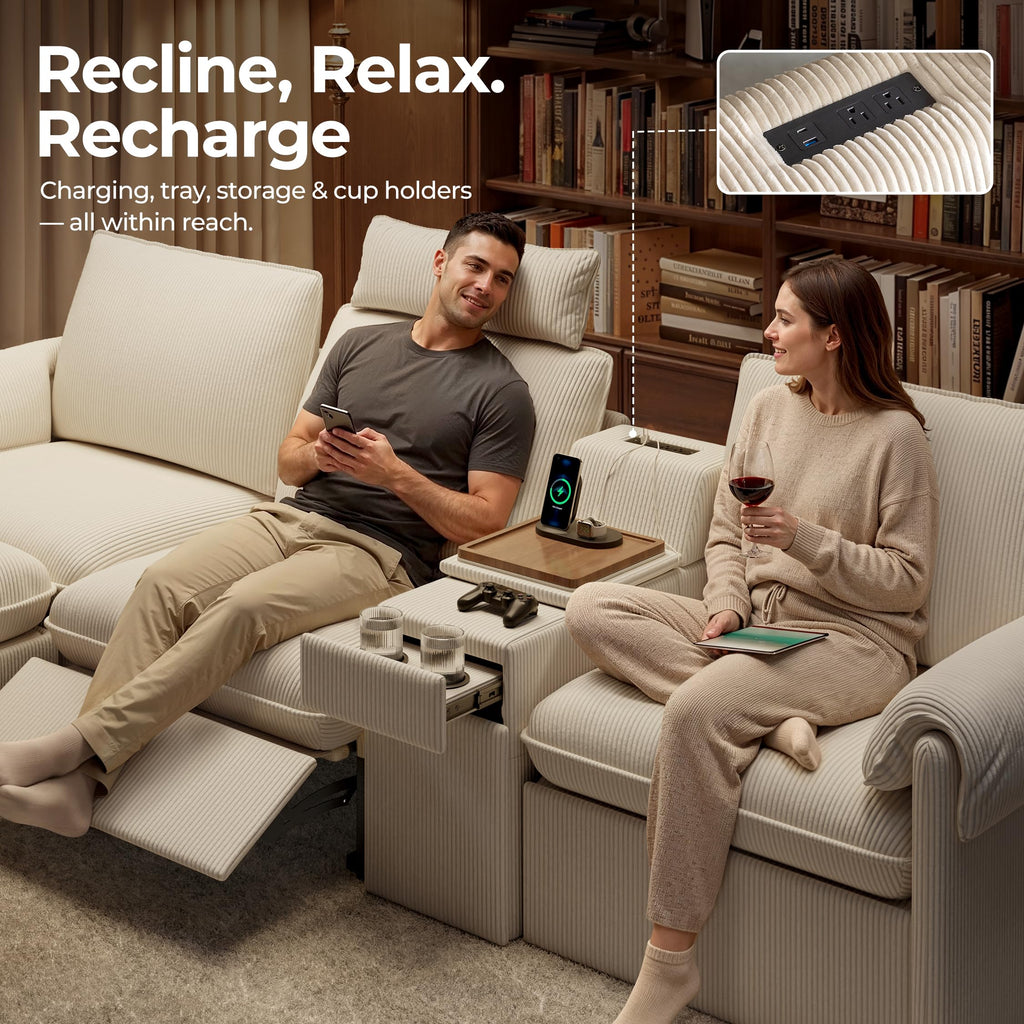 117" 5-Seat L-Shaped Power Reclining Sectional Couch, Beige