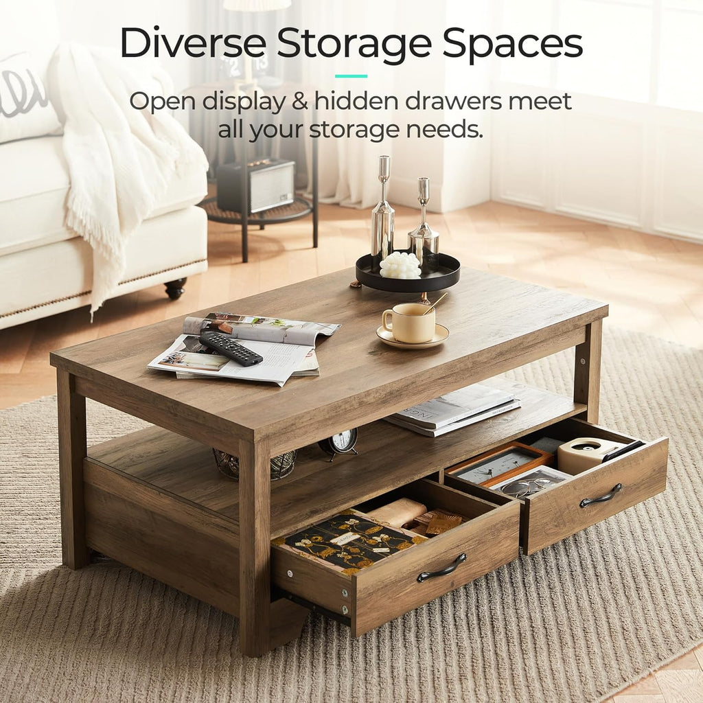Farmhouse Coffee Table with Storage, Wood Coffee Table, Open Display Area and Storage Drawers with Metal Handles