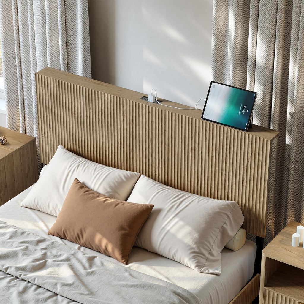 Oak Queen Floating Bed Frame with Headboard & Charging Station