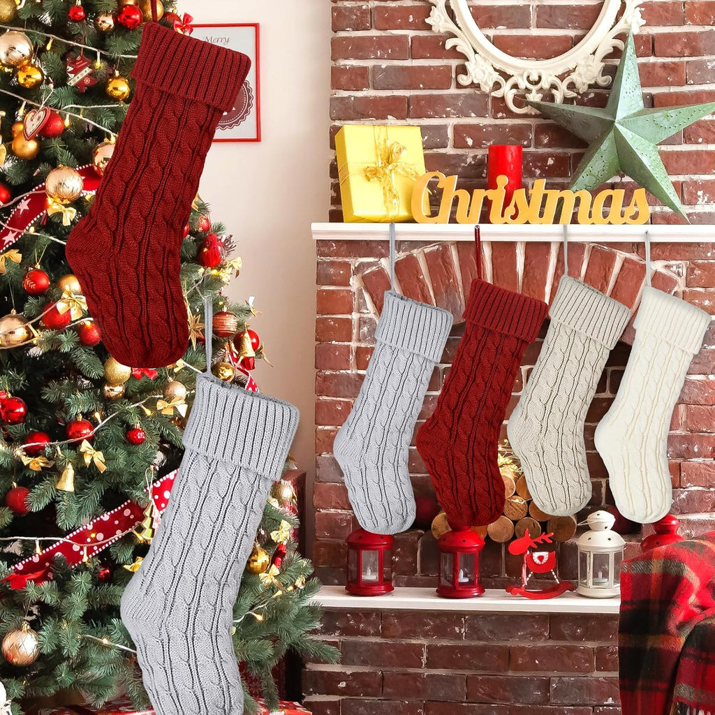 S - 4 Pack Cable Knit Family Christmas Stockings, Large Trdaitional Knitted Holiday Stockings, Tree Decor - Set of 4