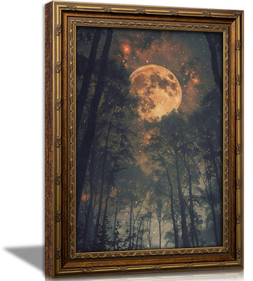 Vintage Gold Framed Full Moon Forest Wall Art, Magical Starry Night Woodland Painting Canvas Prints, Celestial Golden