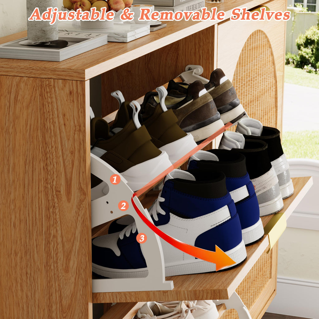 Fluted Shoe Cabinet with 4 Flip Drawers, Narrow Wood Shoe Storage Cabinet, Slim Shoe Rack, Freestanding Shoe Cabinet