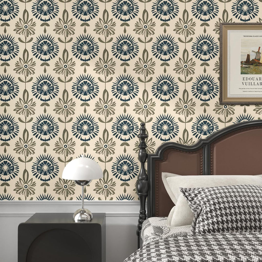 Boho Floral Peel and Stick Wallpaper Beige Blue 17.5 x 393.5In | Extra Long Symmetry Contact Paper Modern Wall Paper