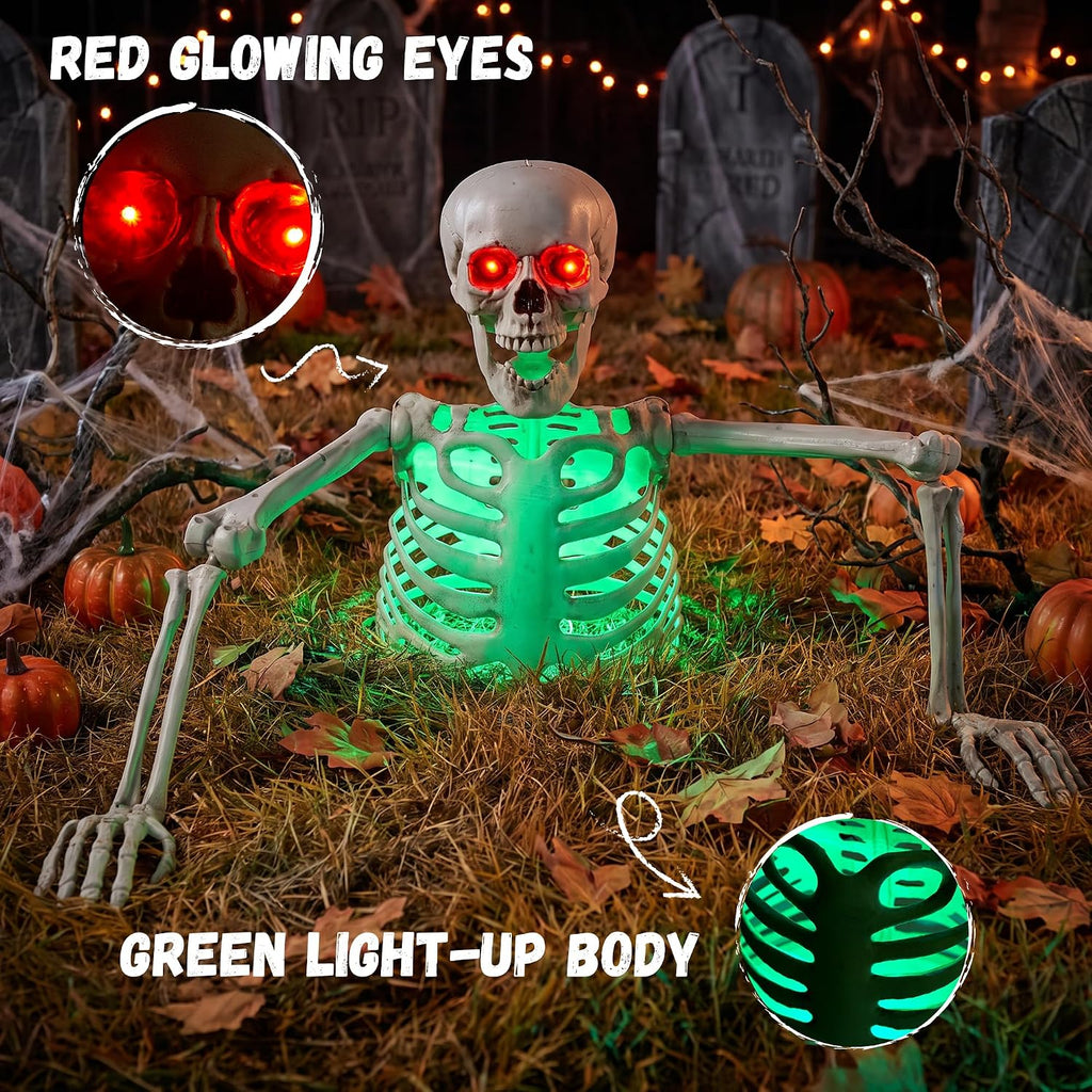 Halloween Half Skeleton Decoration with Red Glowing Eyes & Green Light-Up Body, Posable Arms, Scary Outdoor Yard