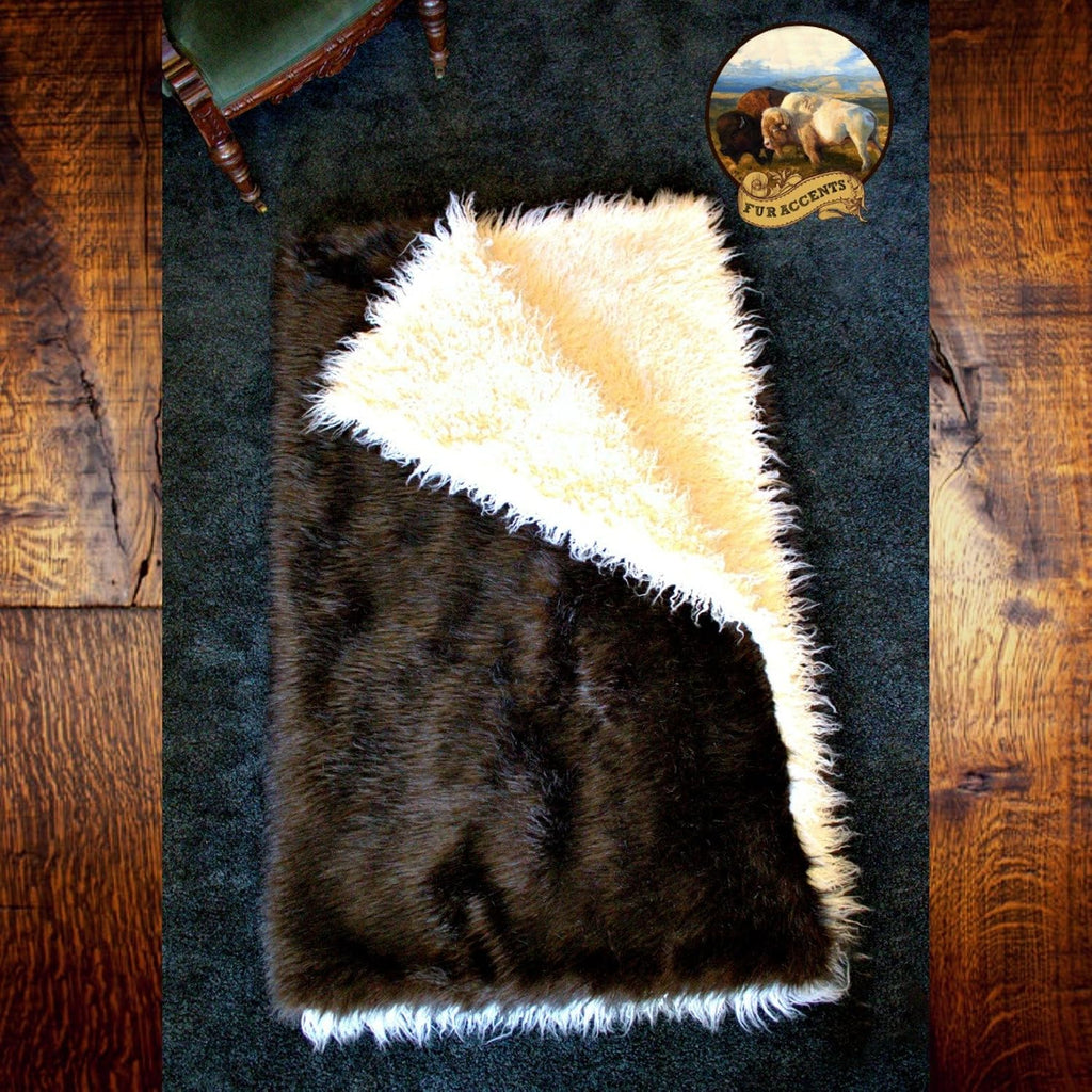Thick Plush Brown and Ivory Long Hair Mongolian Sheepskin - Llama - Reversible - Shaggy Faux Fur Throw Blanket