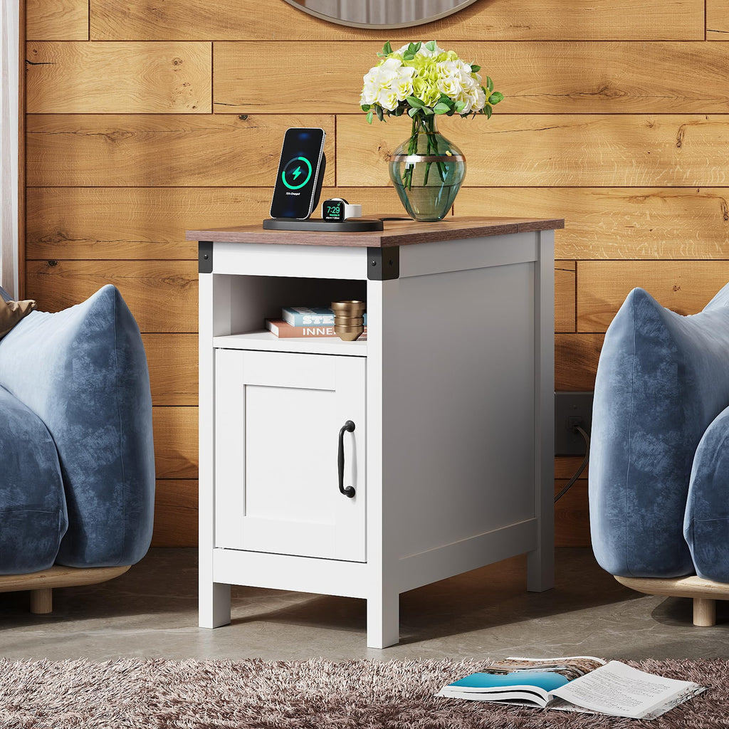 End Table with Charging Station, Narrow Side Table, Farmhouse Night Stand with Storage, Small Wooden Cabinet with