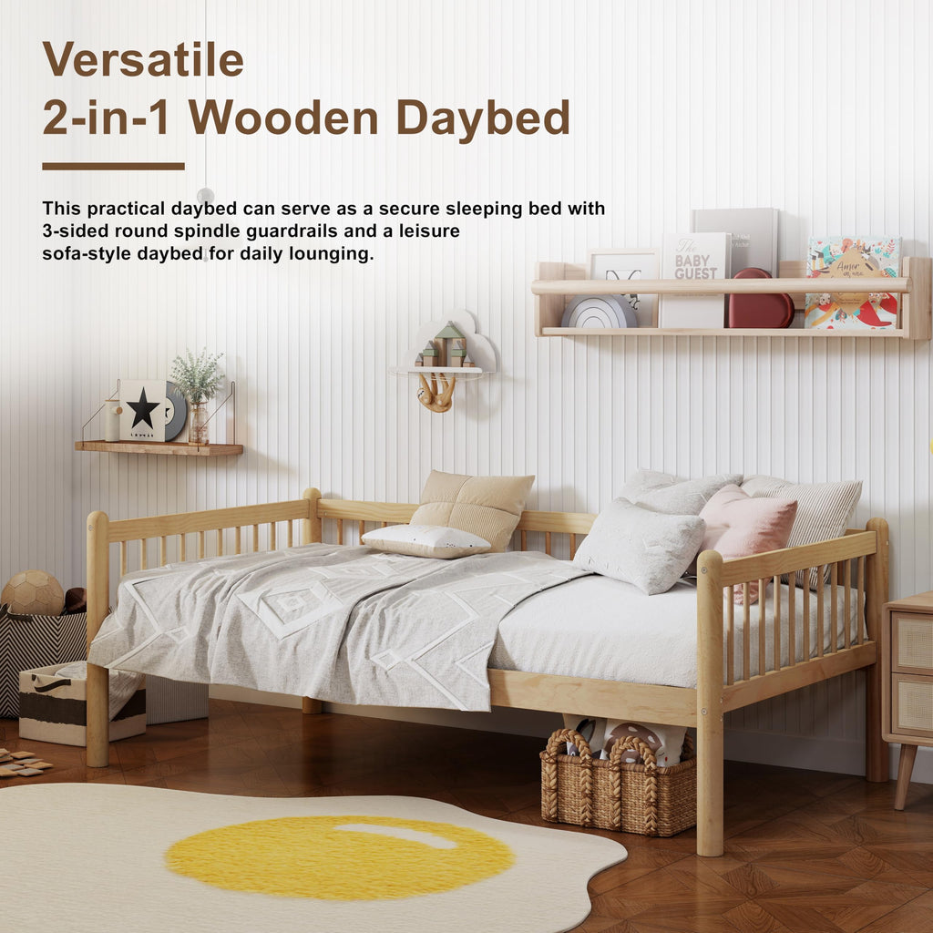 Natural Twin Pine Wood Daybed with 3-Side Guardrails