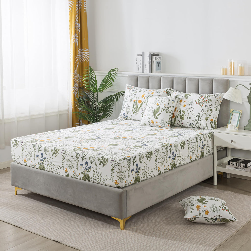 100% Egyptian Cotton Sheets Queen Botanical Printed Floral Sheets Yellow Flowers & Leaves Pattern Farmhouse Bedding