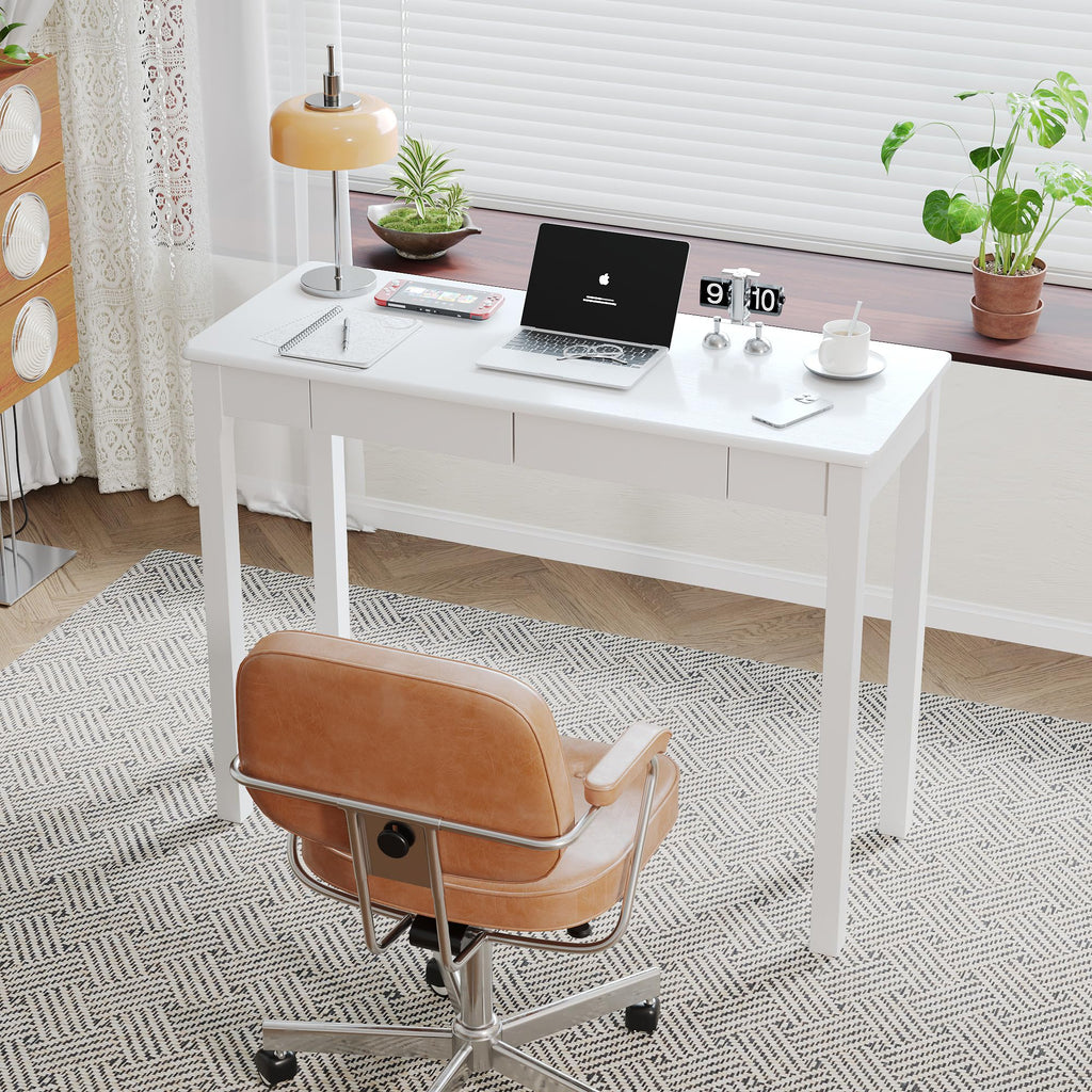 Solid Wooden Desk with Drawers - 39 x 16 Inch Modern Narrow Desks, Rubberwood Simple Work Study Table, Small Writing
