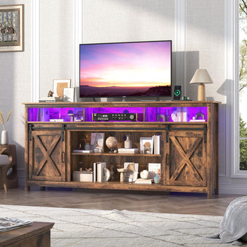 Farmhouse TV Stand for 80/75 Inch TV with Power Outlet, Entertainment Center with Storage and Sliding Barn Doors
