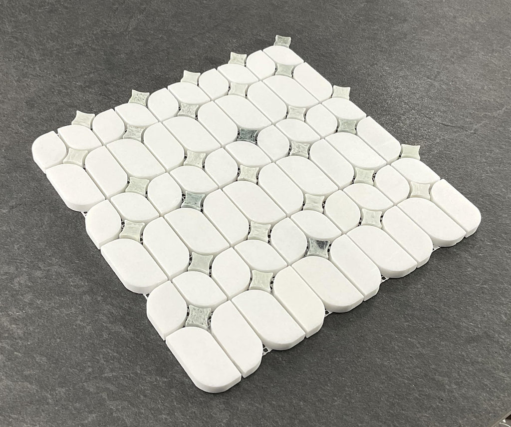 Thassos White Marble Mosaic Tile with Ming Green Accents - Polished Decorative Stone Tile Backsplash, Bathroom Wall &