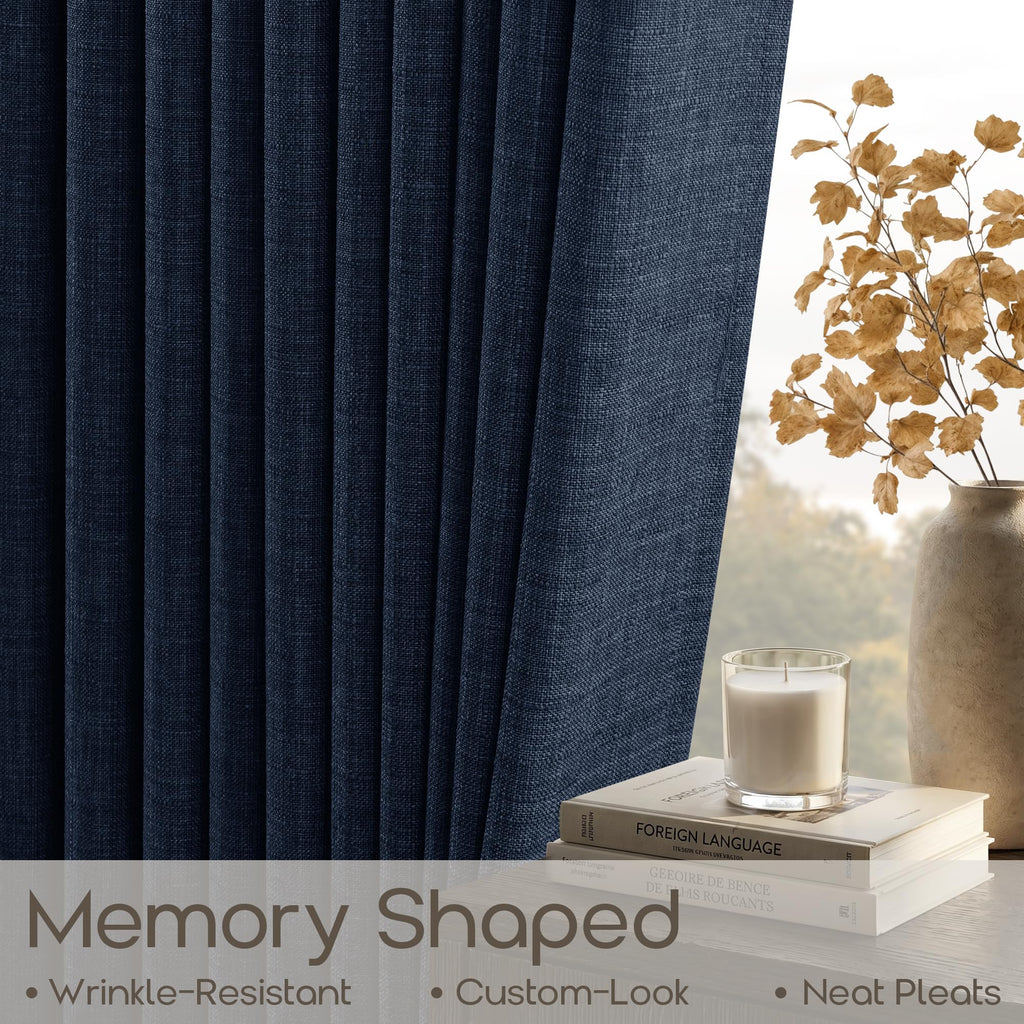 120 Inch Dark Blue Pinch Pleat Linen Blend Light Filtering Curtains 2 Panel