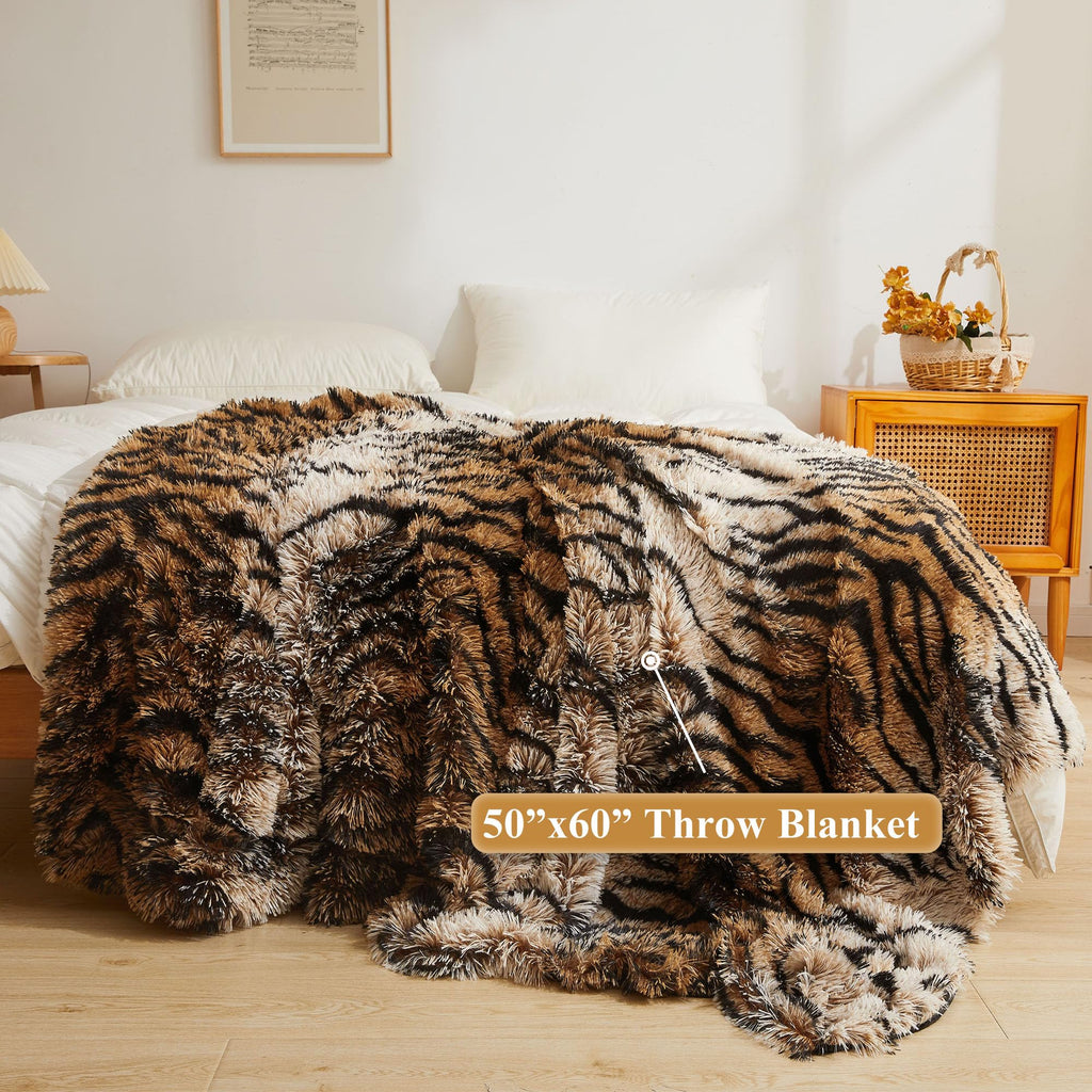 Luxury Faux Fur Tiger Print Throw Blanket, Tiger Brown, 50"x60"