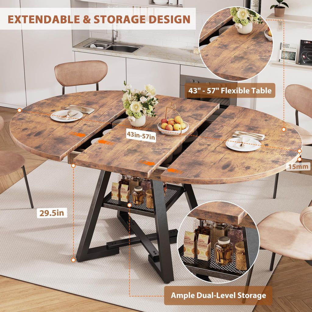 43''-57'' Extendable Round Dining Table for 4-6, Modern Industrial Kitchen Oval Dining Table with Removable Leaves