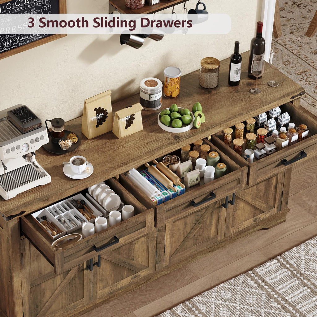 61" Large Buffet Cabinet with 4 Doors and 3 Drawers, Farmhouse Buffet Sideboard Cabinet with Storage, Coffee Bar Wine