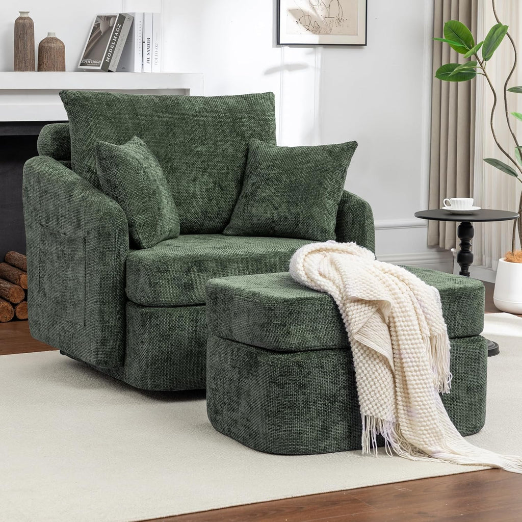 Modern Swivel Lounge Chair and Ottoman — Green Chenille