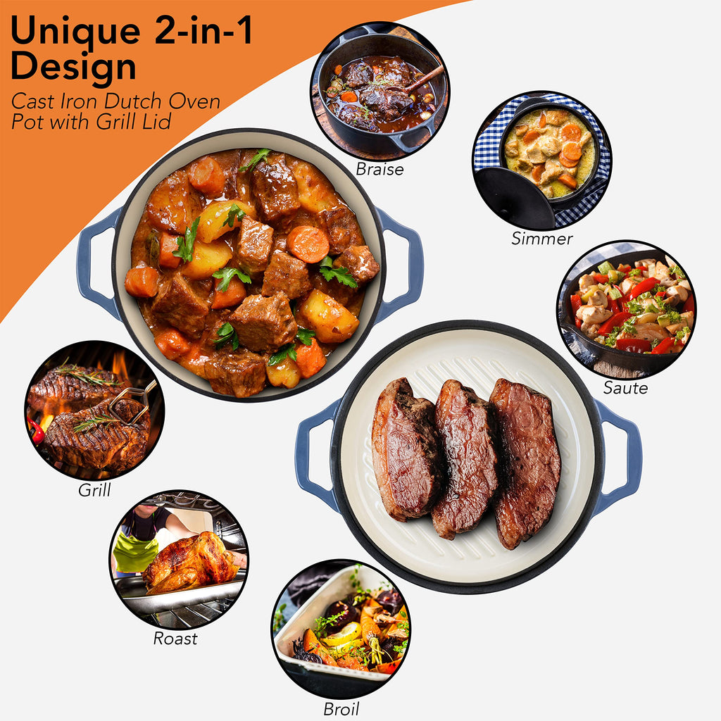 2-in-1 Enameled Cast Iron Braiser Pan with Grill Lid - 3.3-Quart Small Dutch Oven, Serves as Both Casserole &
