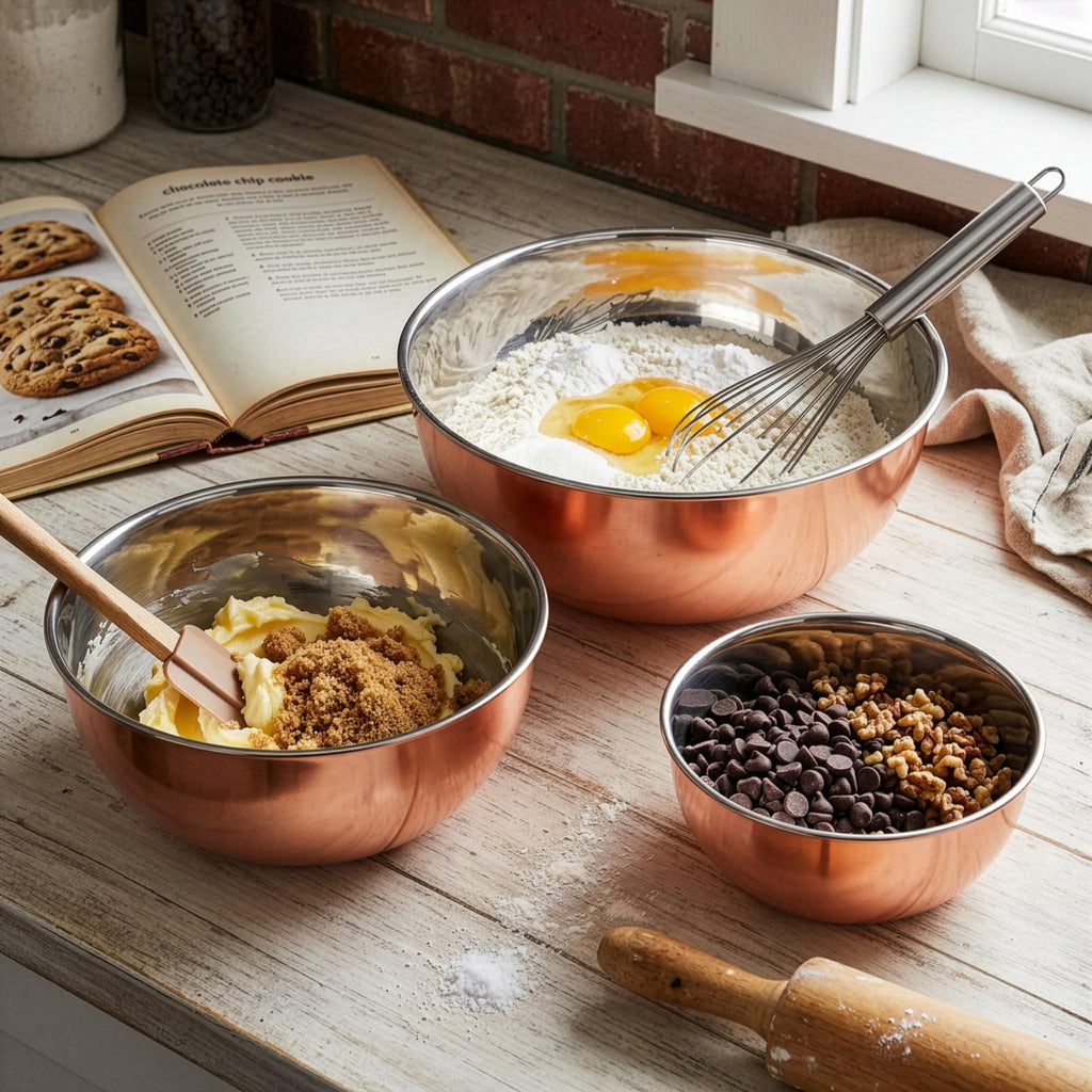 Copper Mixing Bowls - 3 Piece Bowl Set for Cooking, Baking, Serving, and Prepping - Copper Stainless Steel Mixing