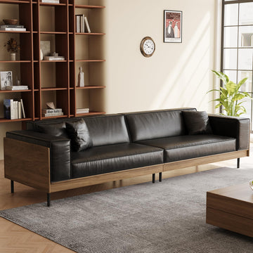 106.29" Black Leather 4-Seater Mid-Century Modern Sofa