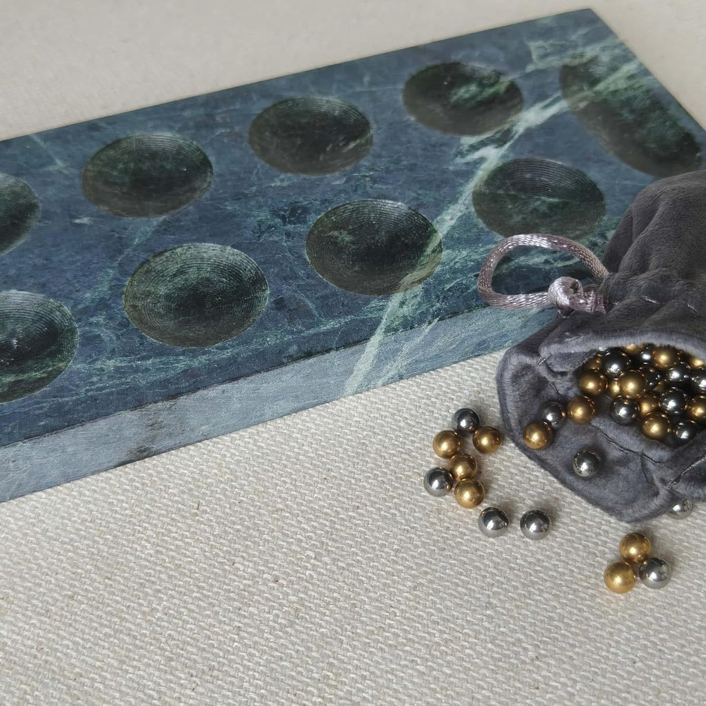 Marble Mancala Board Game - 12" Natural Organic Stone Strategy Mancala Game Set with 144 Metal Beads (72 Gold & 72
