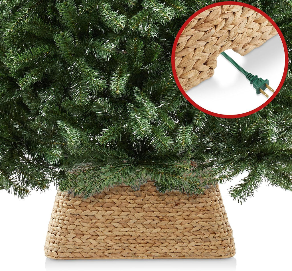 22-Inch Christmas Tree Collar, Water Hyacinth Woven Tree Square Base Cover with Cord Cut Out, Natural