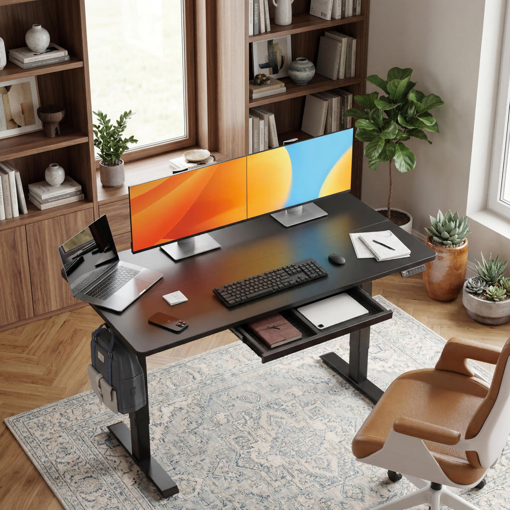 Electric Height Adjustable Standing Desk with Drawers, 63 x 24 Inch Sit Stand Desk, Computer Desk Workstation, Black