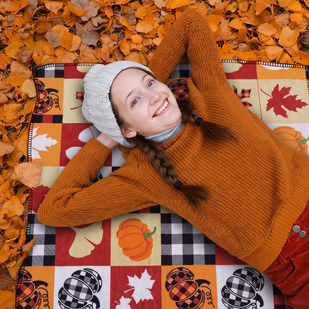 Fall Fleece Blankets, 50 x 60 Inch Pumpkin Plaid Throw Blankets