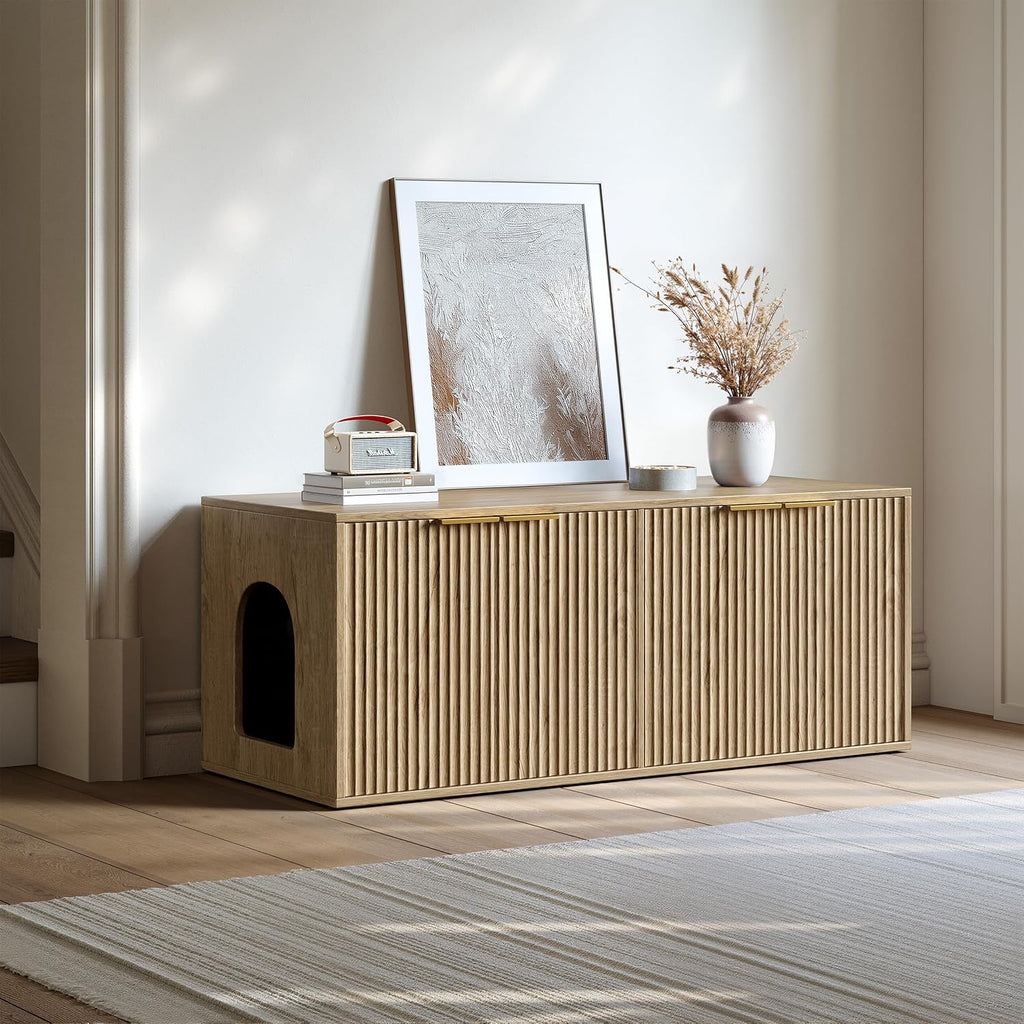 47.2" Oak Litter Box Enclosure Furniture for 2 Cats