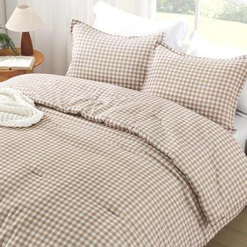 Tan Gingham Comforter Set Twin(66x90Inch), Brown Checkered Grid Plaid Buffalo Bed Set for Girls Boys Kids Teens, 2
