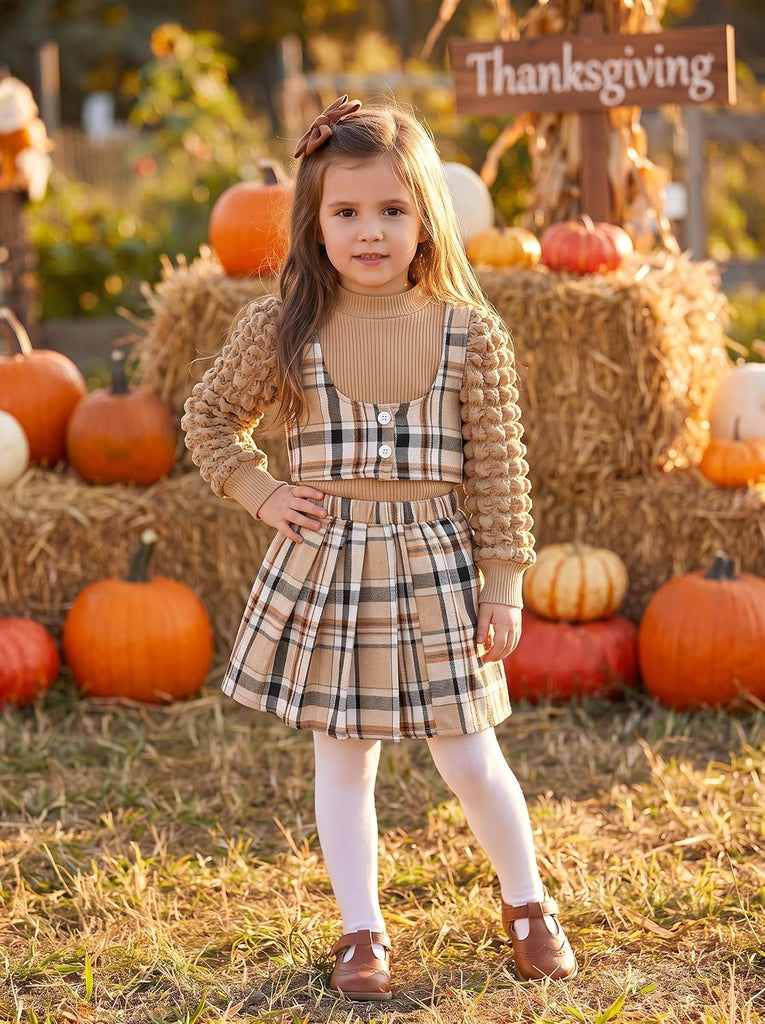 Toddler Girls Fall Winter Outfits Girls Puff Sleeve Knit Ribbed Tops Button Down Vest Plaid Skirt Set Fall Clothes
